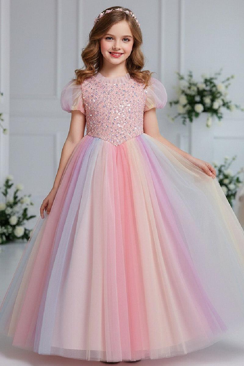 A-Line Short Puff Sleeve Sequin Rainbow Tulle Floor-Length Flower Girl Dresses 1029773142446 - 7 Days / As Picture / 110cm - COCOMELODY